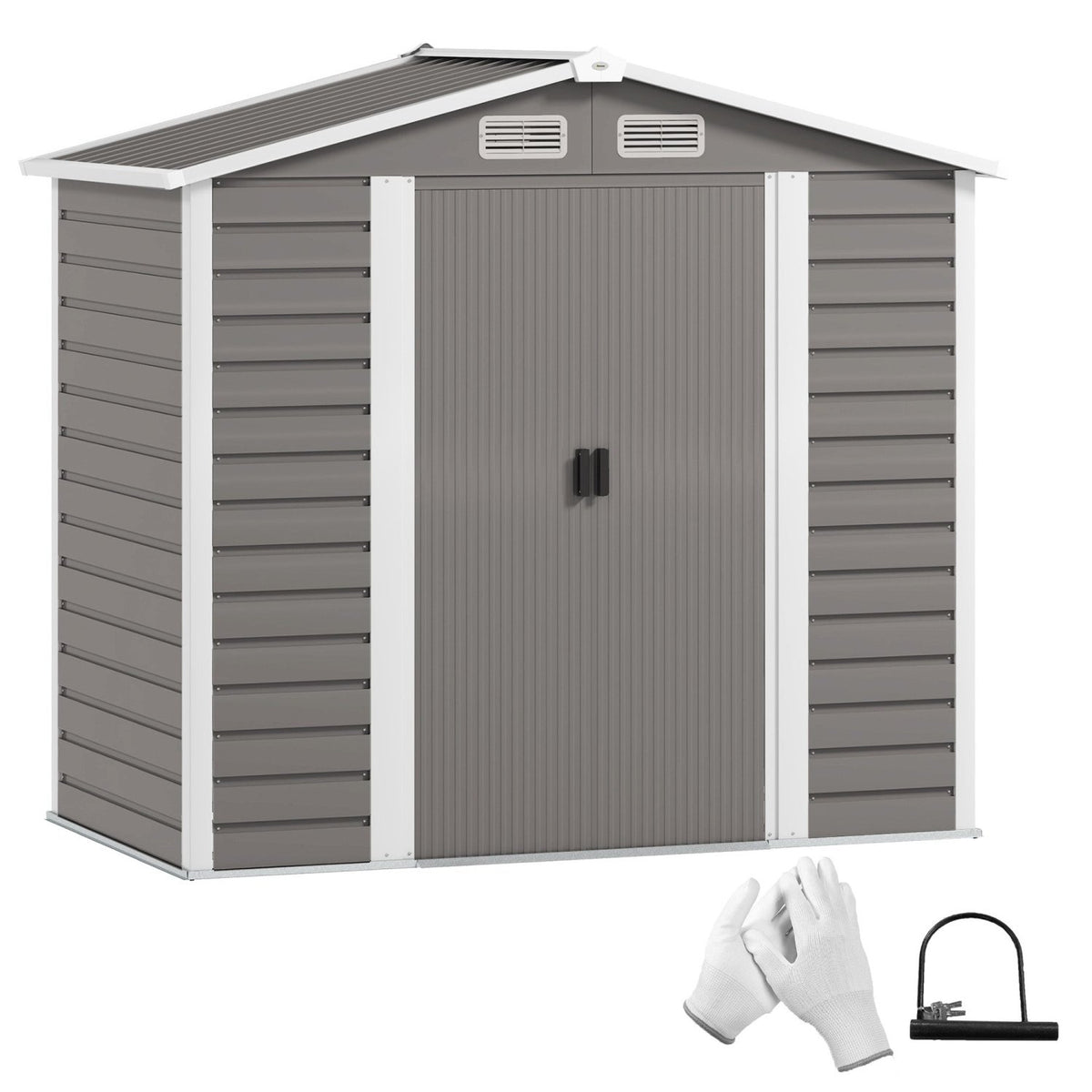 Outsunny 7 x 4ft Garden Shed, Easy to Assemble, Upgraded Galvanised Steel Frame with Foundation Kit, Double Doors with Lock, Outdoor Metal Shed with Vents and Gloves, Garden Storage Shed, Light Grey - SGP Garden Ltd