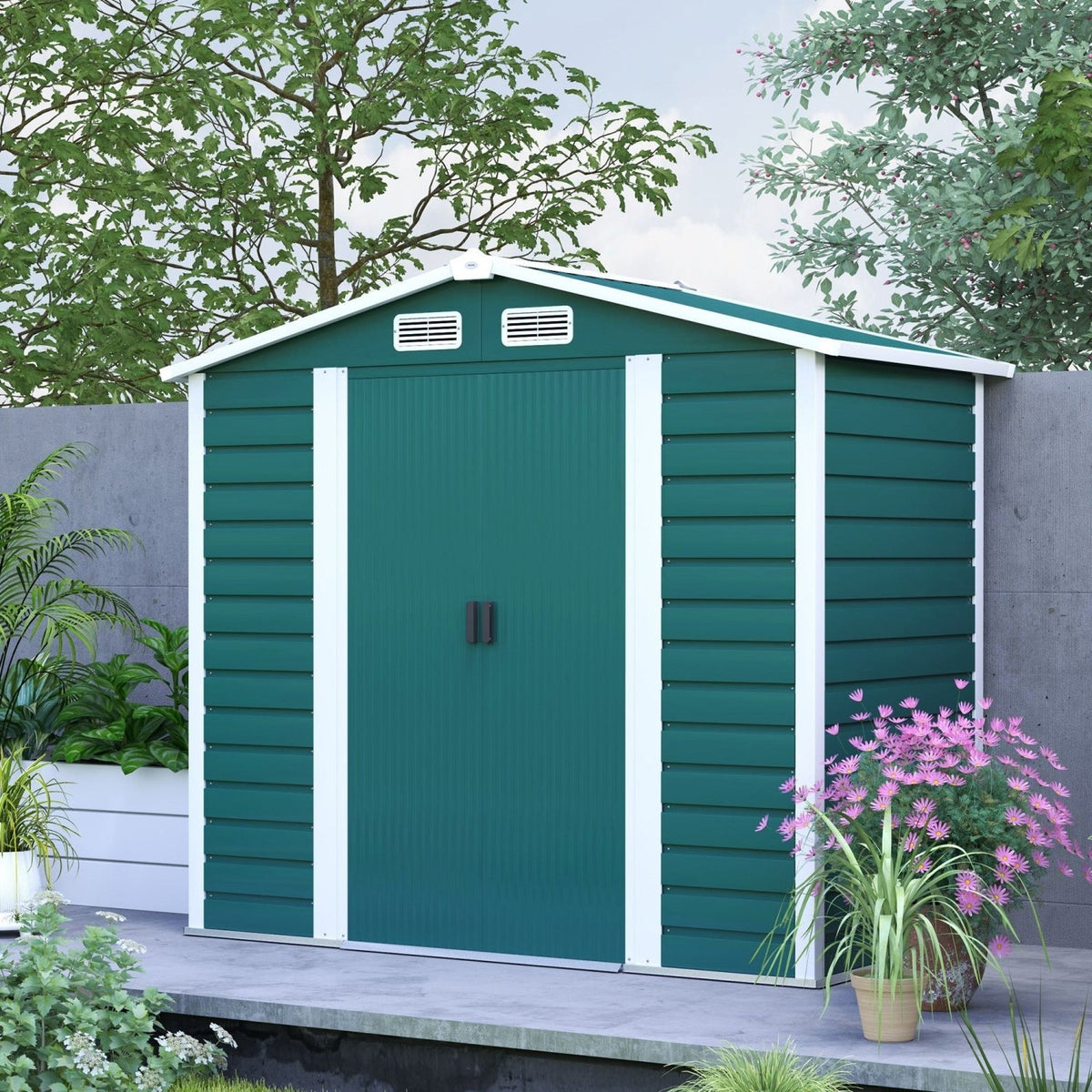 Outsunny 7 x 4ft Garden Shed, Easy to Assemble, Upgraded Galvanised Steel Frame with Foundation Kit, Double Doors with Lock, Outdoor Metal Shed with Vents and Gloves, Garden Storage Shed, Green - SGP Garden Ltd
