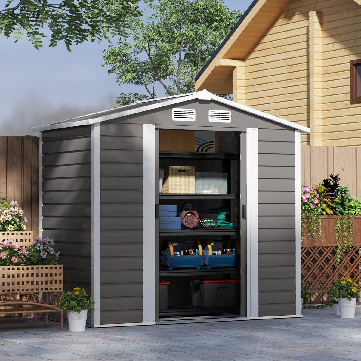 Outsunny 7 x 4ft Garden Shed, Easy to Assemble, Upgraded Galvanised Steel Frame with Foundation Kit, Double Doors with Lock, Outdoor Metal Shed with Vents and Gloves, Garden Storage Shed, Light Grey - SGP Garden Ltd