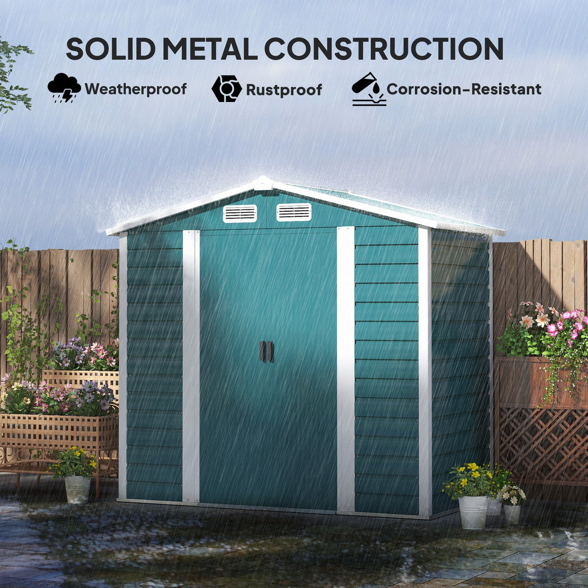 Outsunny 7 x 4ft Garden Shed, Easy to Assemble, Upgraded Galvanised Steel Frame with Foundation Kit, Double Doors with Lock, Outdoor Metal Shed with Vents and Gloves, Garden Storage Shed, Green - SGP Garden Ltd