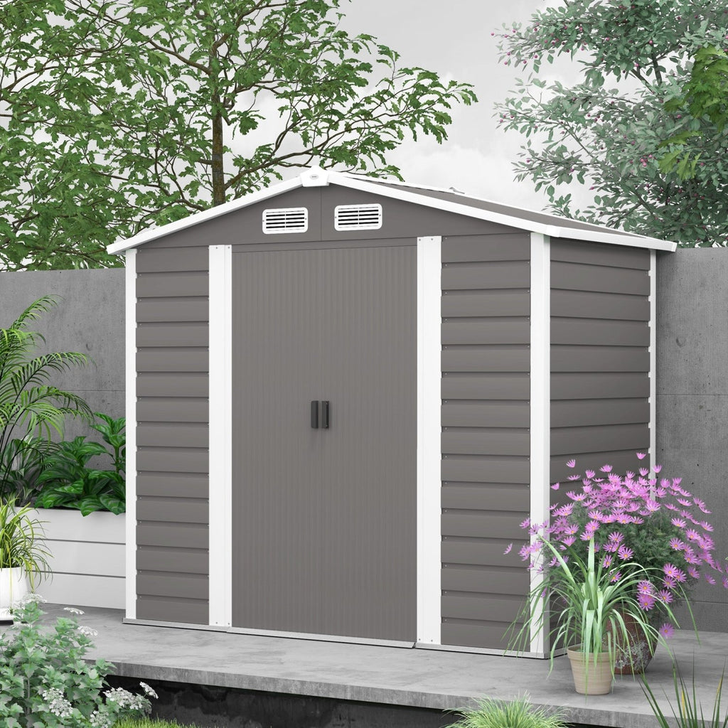 Outsunny 7 x 4ft Garden Shed, Easy to Assemble, Upgraded Galvanised Steel Frame with Foundation Kit, Double Doors with Lock, Outdoor Metal Shed with Vents and Gloves, Garden Storage Shed, Light Grey - SGP Garden Ltd