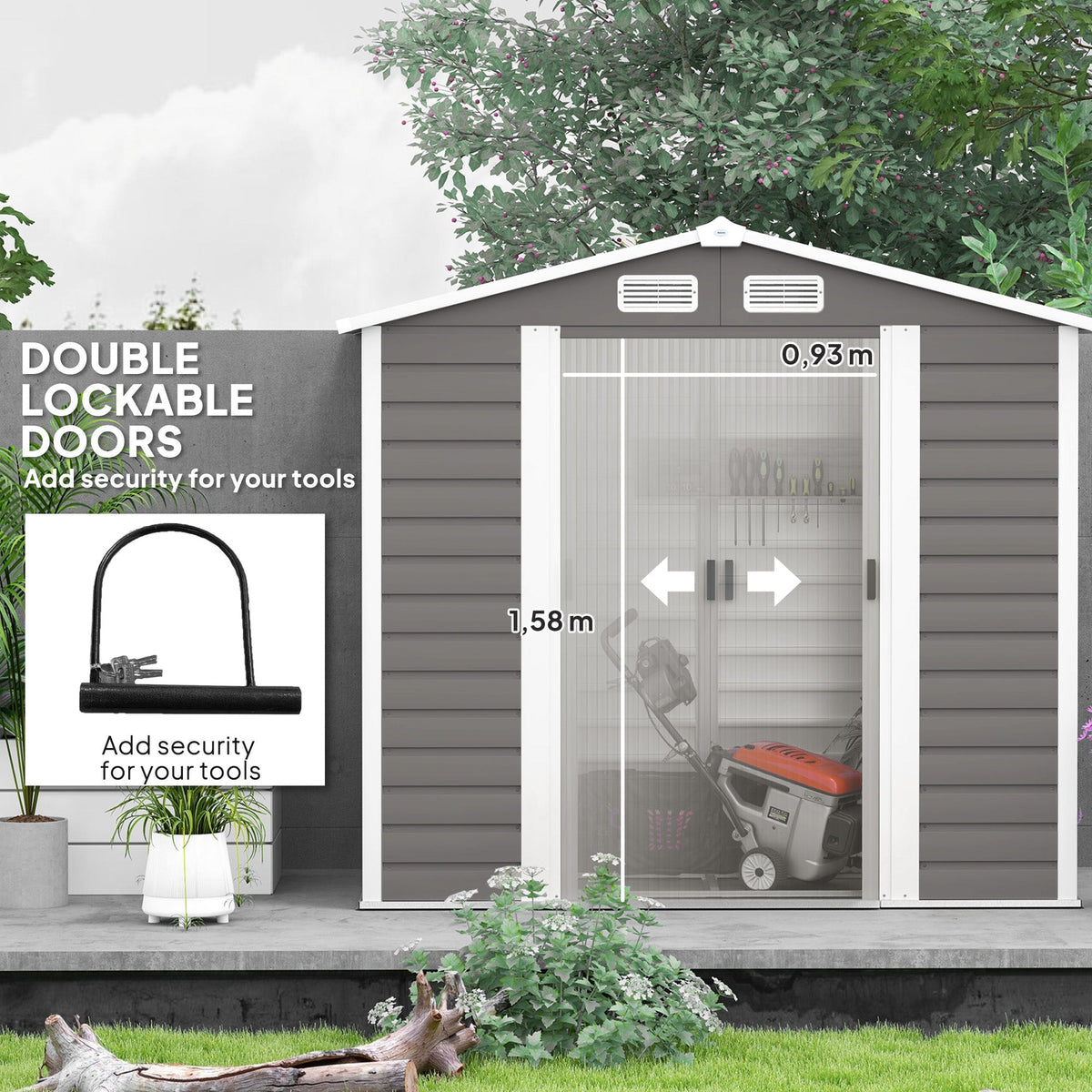 Outsunny 7 x 4ft Garden Shed, Easy to Assemble, Upgraded Galvanised Steel Frame with Foundation Kit, Double Doors with Lock, Outdoor Metal Shed with Vents and Gloves, Garden Storage Shed, Light Grey - SGP Garden Ltd