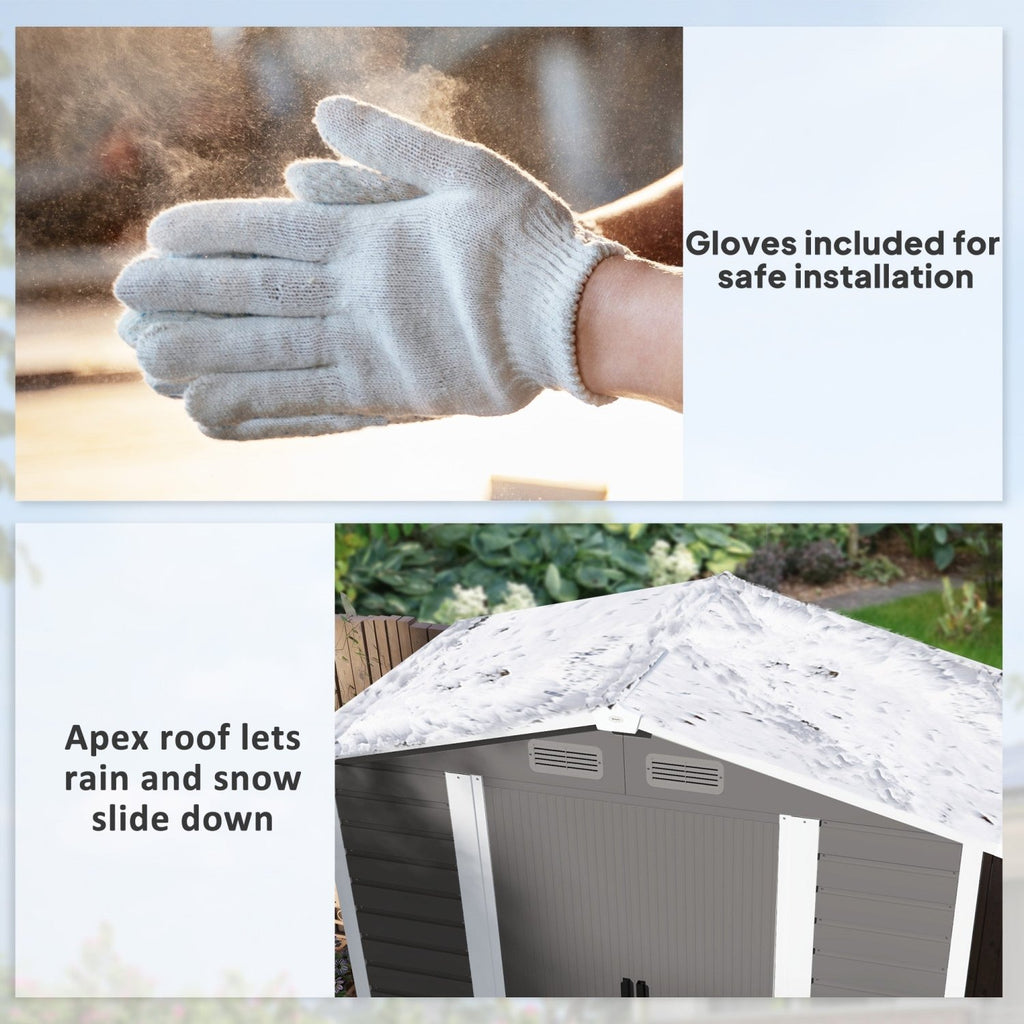 Outsunny 7 x 4ft Garden Shed, Easy to Assemble, Upgraded Galvanised Steel Frame with Foundation Kit, Double Doors with Lock, Outdoor Metal Shed with Vents and Gloves, Garden Storage Shed, Light Grey - SGP Garden Ltd