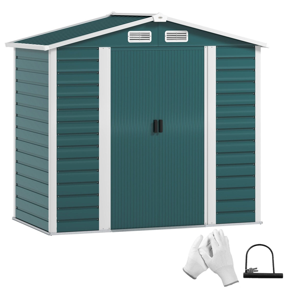 Outsunny 7 x 4ft Garden Shed, Easy to Assemble, Upgraded Galvanised Steel Frame with Foundation Kit, Double Doors with Lock, Outdoor Metal Shed with Vents and Gloves, Garden Storage Shed, Green - SGP Garden Ltd