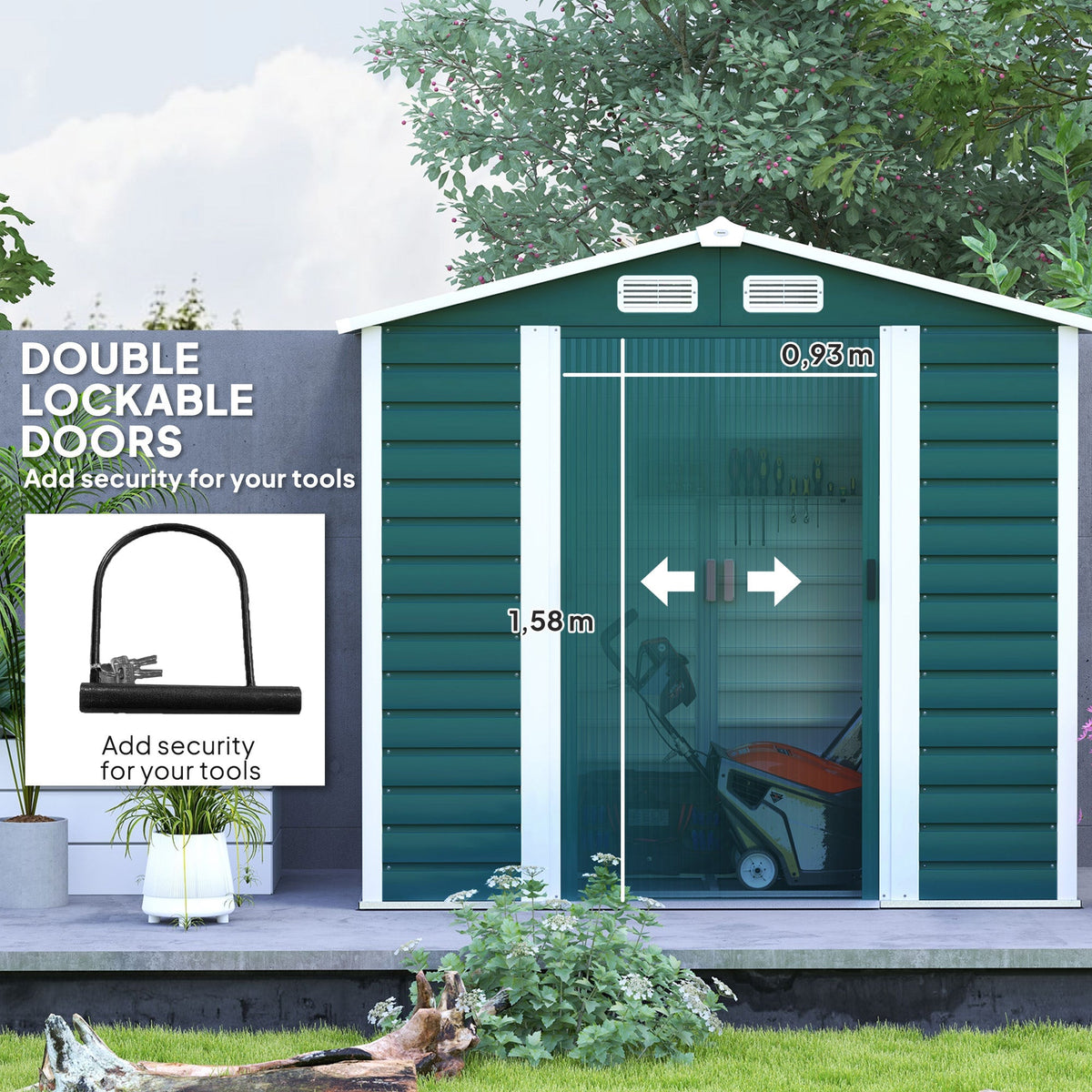 Outsunny 7 x 4ft Garden Shed, Easy to Assemble, Upgraded Galvanised Steel Frame with Foundation Kit, Double Doors with Lock, Outdoor Metal Shed with Vents and Gloves, Garden Storage Shed, Green - SGP Garden Ltd