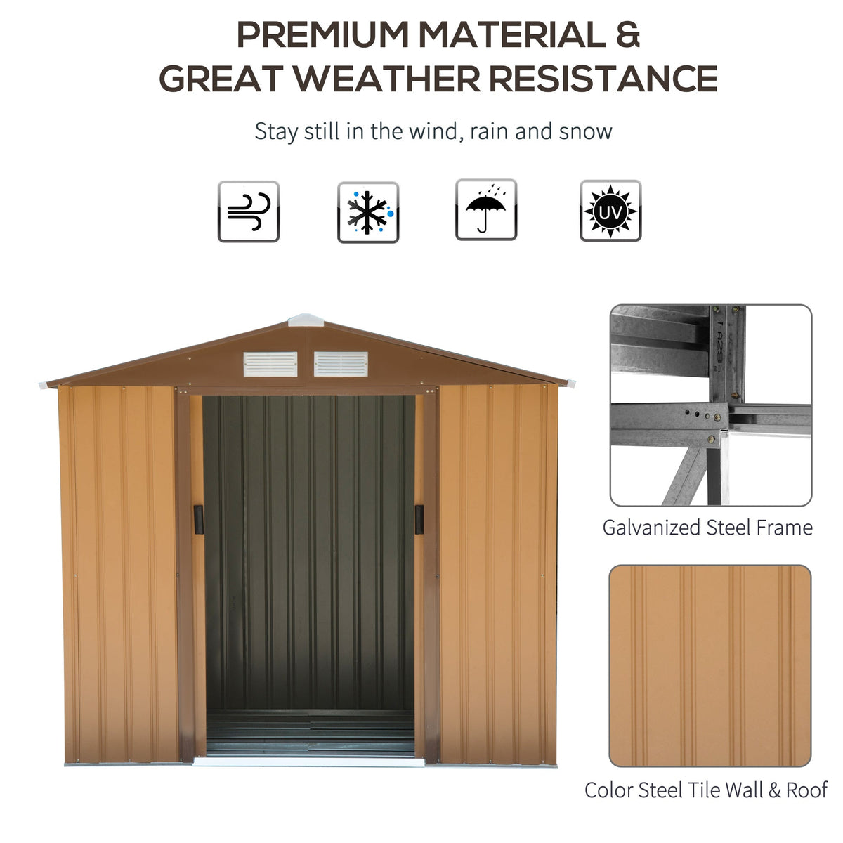 Outsunny 7 x 4ft Lockable Metal Garden Tool Storage Shed Storage - Light Brown - SGP Garden Ltd