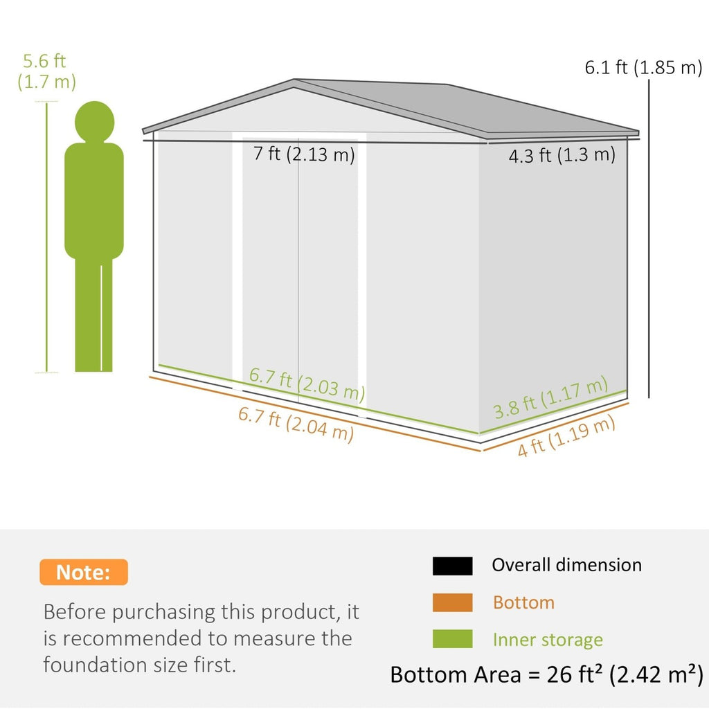 Outsunny 7 x 4ft Lockable Metal Garden Tool Storage Shed Storage - Light Grey - SGP Garden Ltd