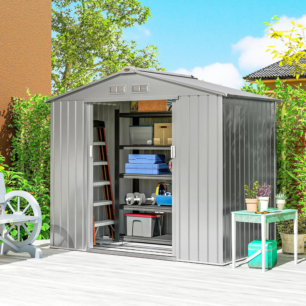 Outsunny 7 x 4ft Lockable Metal Garden Tool Storage Shed Storage - Light Grey - SGP Garden Ltd