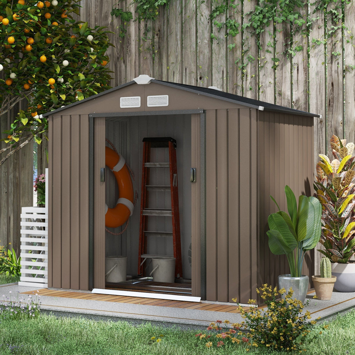 Outsunny 7 x 4ft Metal Garden Shed, Outdoor Storage Tool House with Ventilation Slots, Foundation Kit and Lockable Double Doors, Brown - SGP Garden Ltd