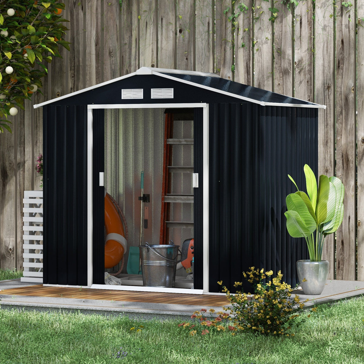 Outsunny 7 x 4ft Metal Garden Shed, Outdoor Storage Tool House with Ventilation Slots, Foundation Kit and Lockable Double Doors, Dark Grey - SGP Garden Ltd
