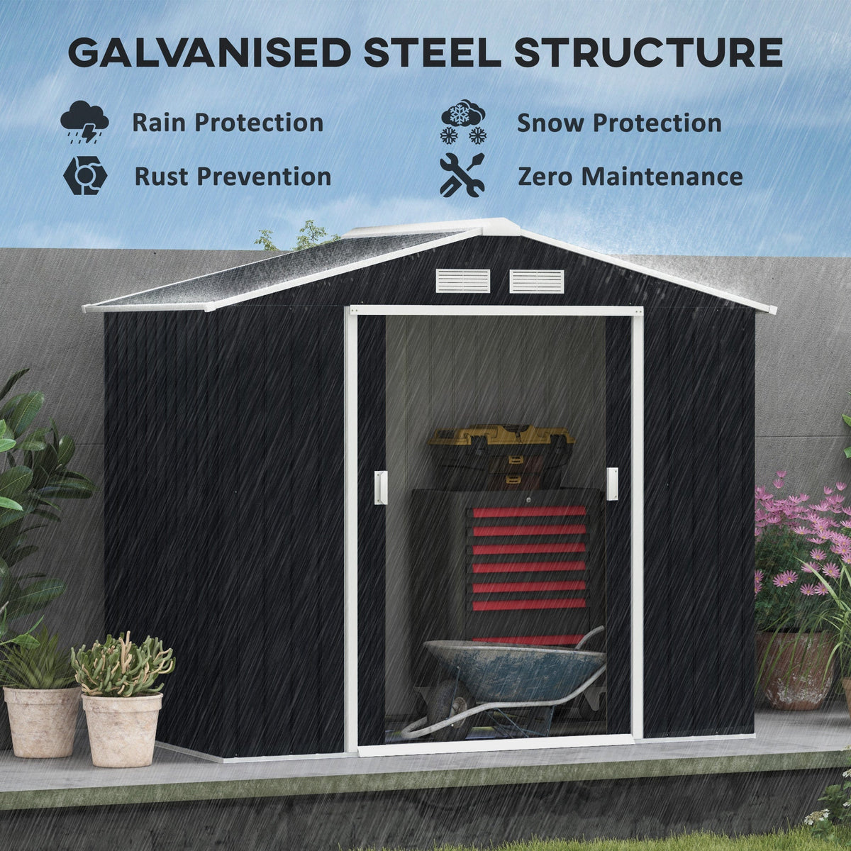 Outsunny 7 x 4ft Metal Garden Shed, Outdoor Storage Tool House with Ventilation Slots, Foundation Kit and Lockable Double Doors, Dark Grey - SGP Garden Ltd