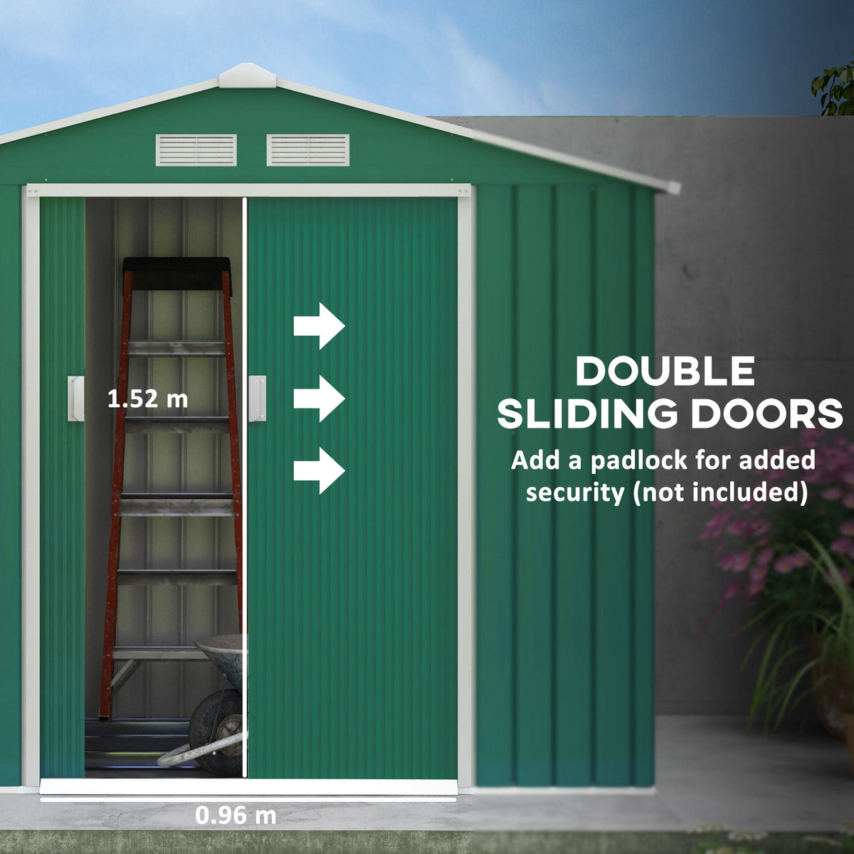 Outsunny 7 x 4ft Metal Garden Shed, Outdoor Storage Tool House with Ventilation Slots, Foundation Kit and Lockable Double Doors, Green - SGP Garden Ltd