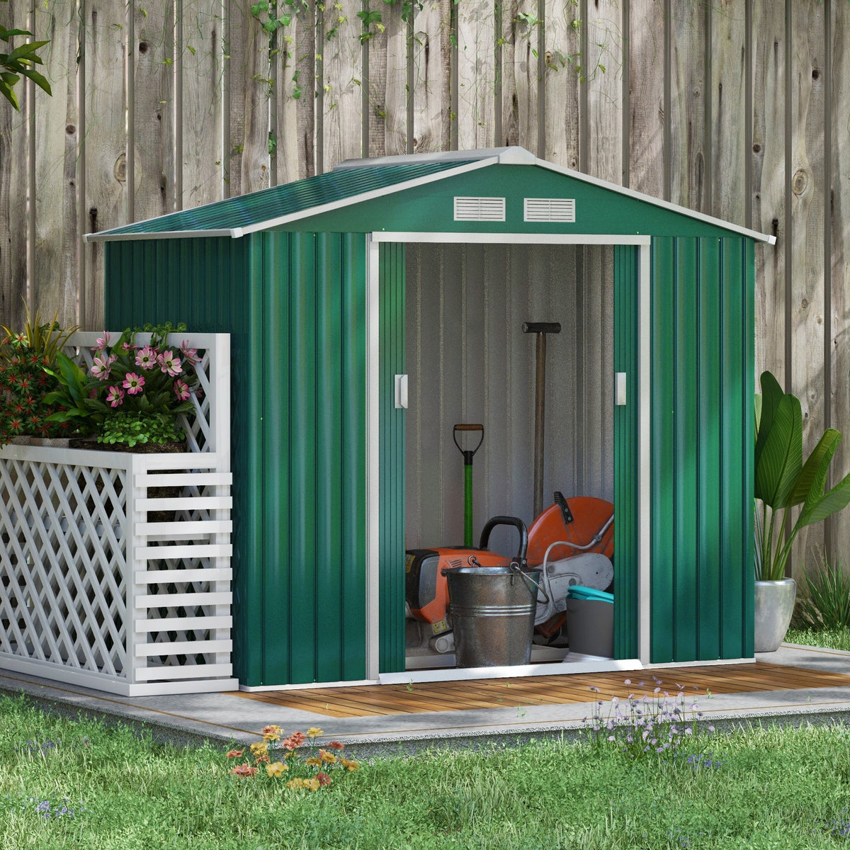 Outsunny 7 x 4ft Metal Garden Shed, Outdoor Storage Tool House with Ventilation Slots, Foundation Kit and Lockable Double Doors, Green - SGP Garden Ltd