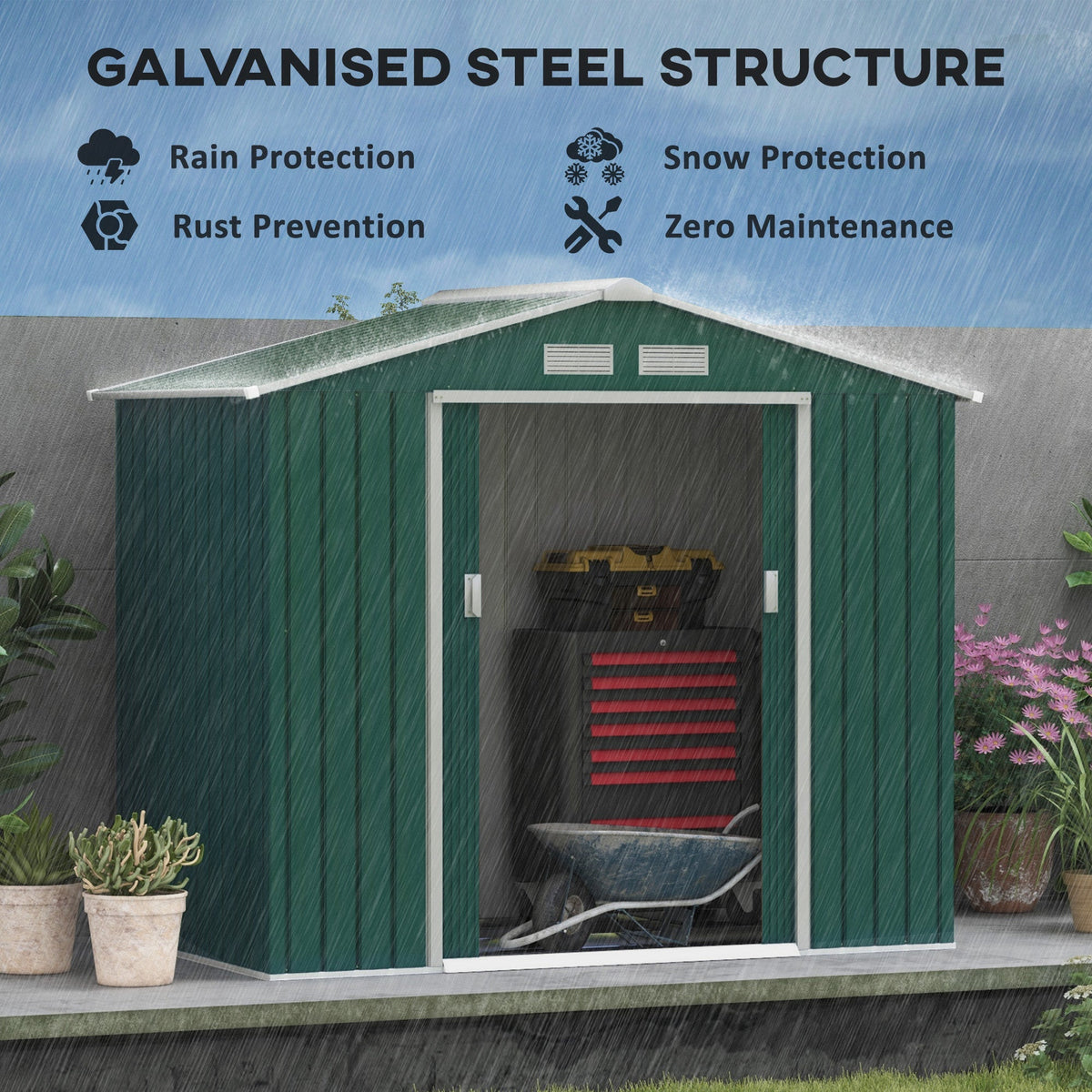 Outsunny 7 x 4ft Metal Garden Shed, Outdoor Storage Tool House with Ventilation Slots, Foundation Kit and Lockable Double Doors, Green - SGP Garden Ltd