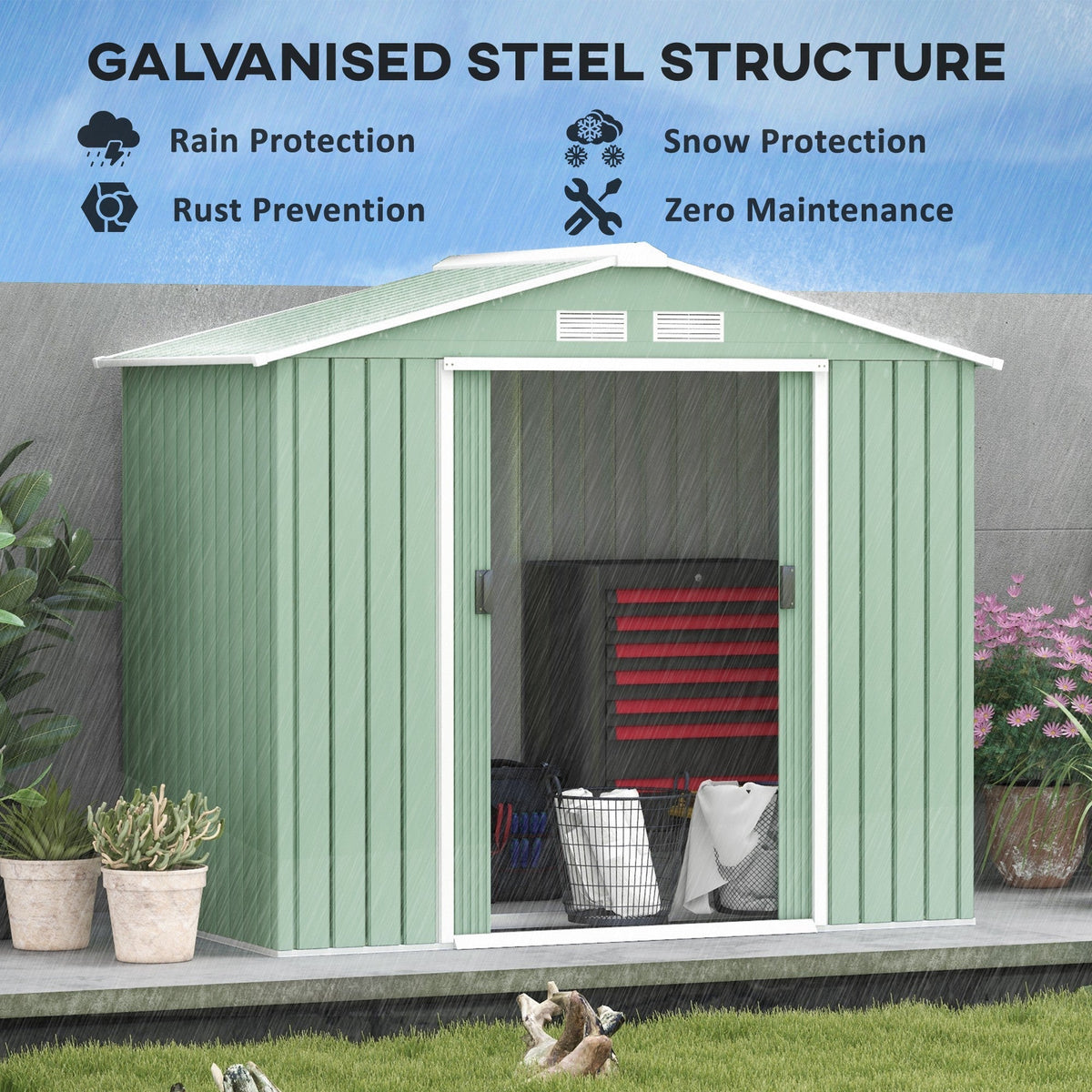 Outsunny 7 x 4ft Metal Garden Shed, Outdoor Storage Tool House with Ventilation Slots, Foundation Kit and Lockable Double Doors, Light Green - SGP Garden Ltd