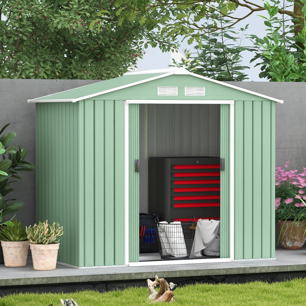 Outsunny 7 x 4ft Metal Garden Shed, Outdoor Storage Tool House with Ventilation Slots, Foundation Kit and Lockable Double Doors, Light Green - SGP Garden Ltd
