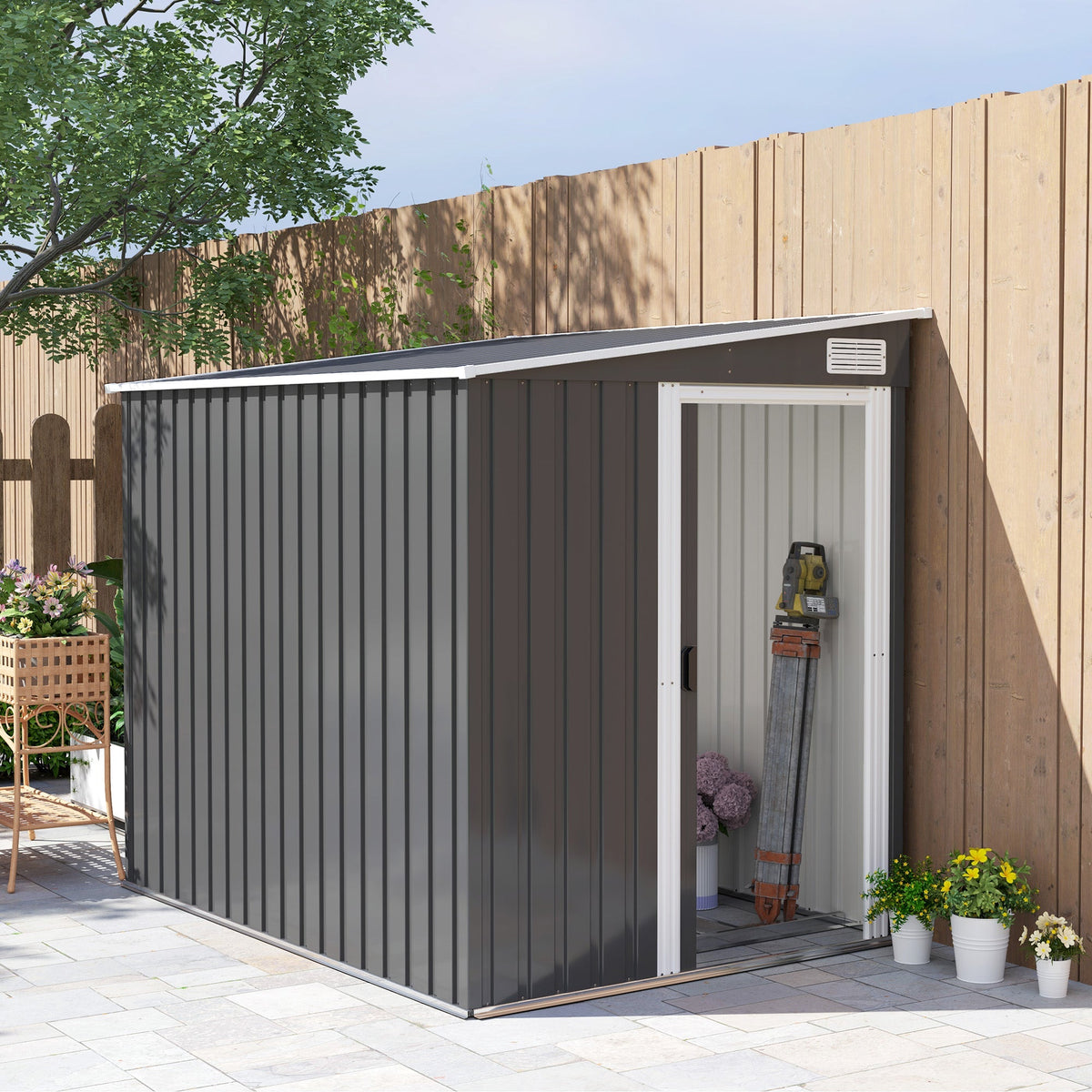 Outsunny 7 x 5ft Galvanised Metal Shed, with Sliding Door - Dark Grey - SGP Garden Ltd