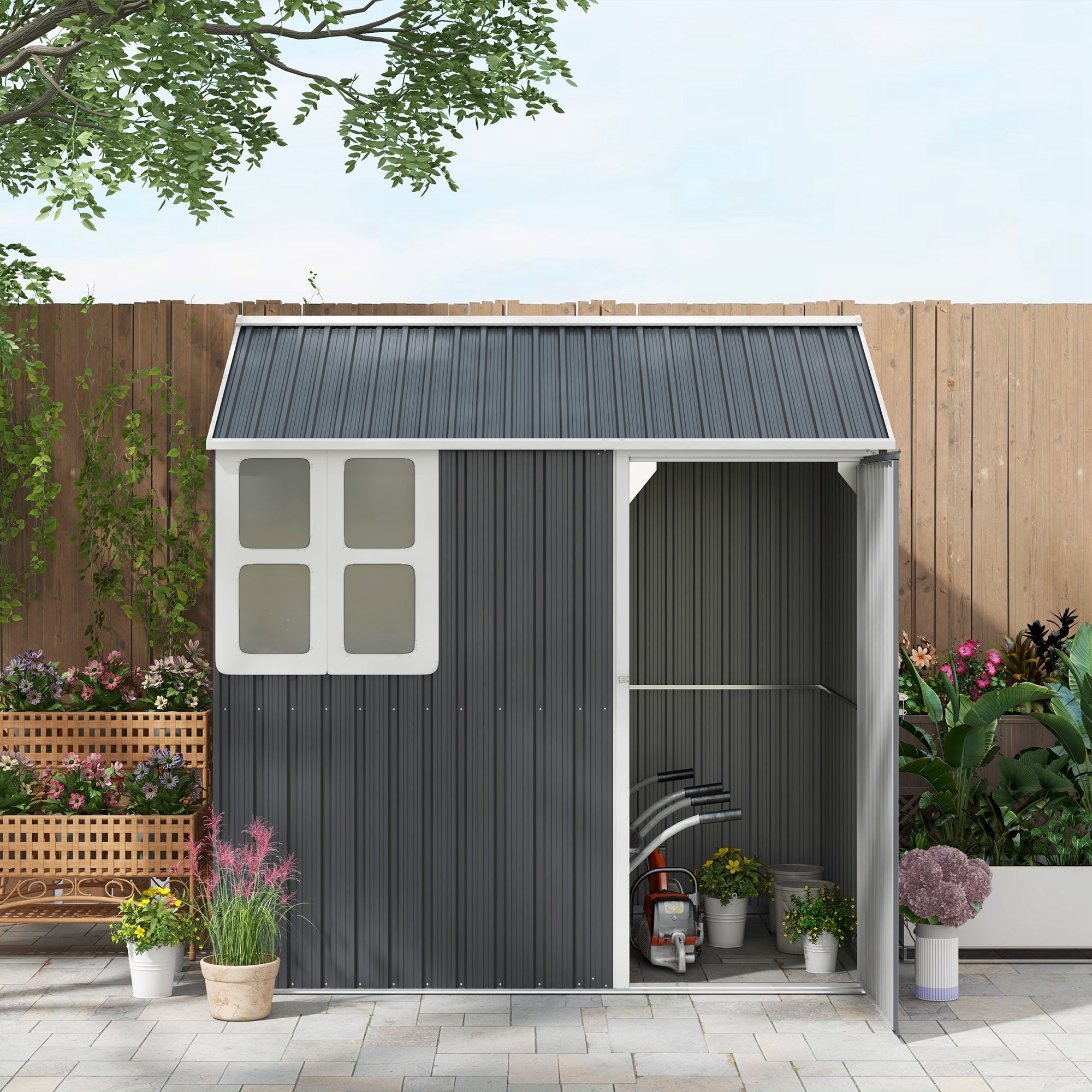 Outsunny 7 x 6ft Galvanised Garden Shed, with Latch - Dark Grey - SGP Garden Ltd