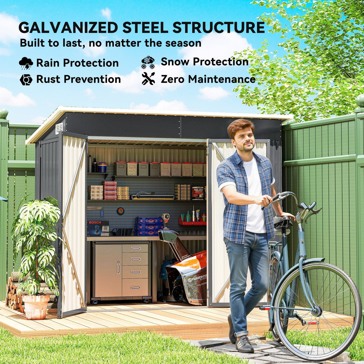 Outsunny 7.5 x 4.3ft Metal Garden Storage Shed, Waterproof Outdoor Shed with Triple Lockable Door, Gloves, Vents, Dark Grey - SGP Garden Ltd