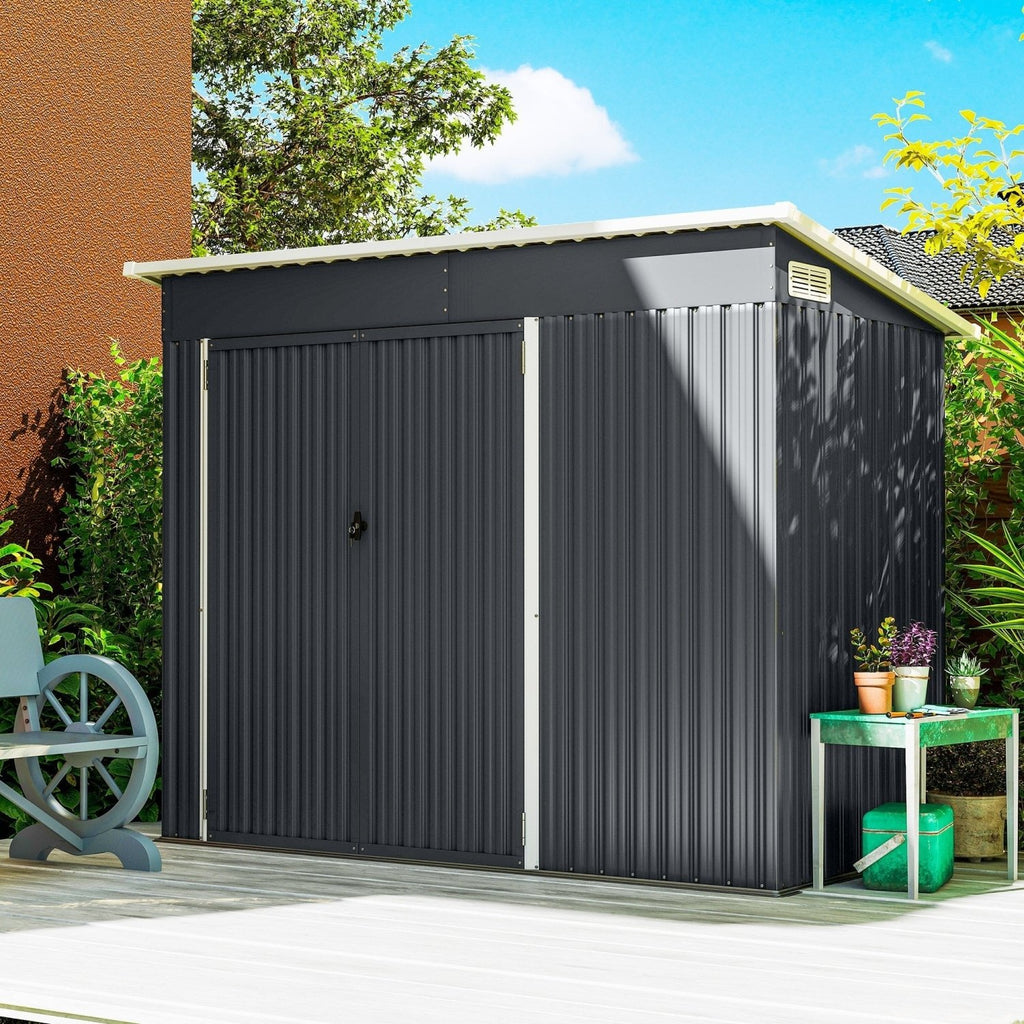 Outsunny 7.5 x 4.3ft Metal Garden Storage Shed, Waterproof Outdoor Shed with Triple Lockable Door, Gloves, Vents, Dark Grey - SGP Garden Ltd