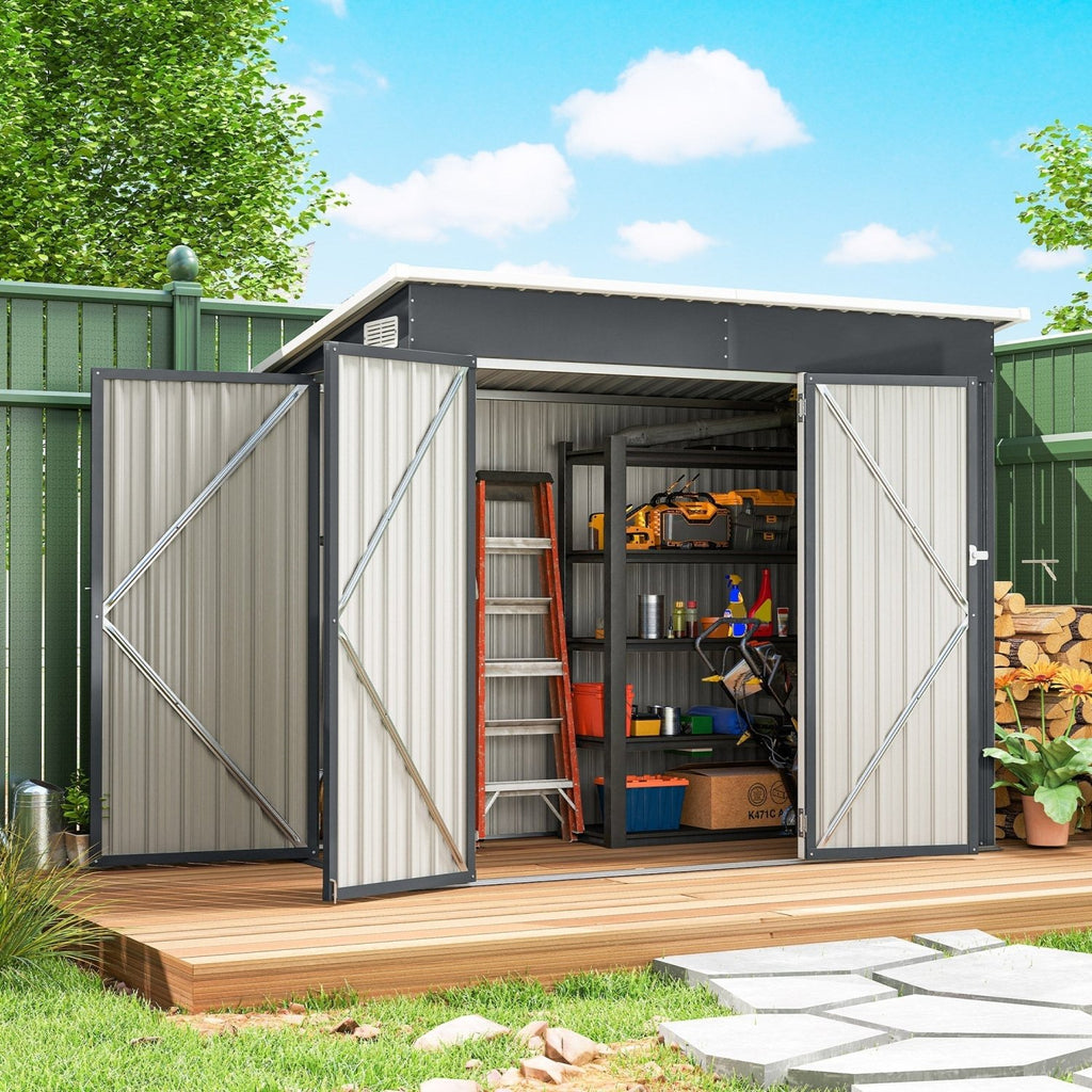 Outsunny 7.5 x 4.3ft Metal Garden Storage Shed, Waterproof Outdoor Shed with Triple Lockable Door, Gloves, Vents, Dark Grey - SGP Garden Ltd