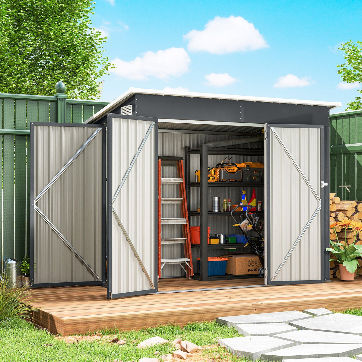 Outsunny 7.5 x 4.3ft Metal Garden Storage Shed, Waterproof Outdoor Shed with Triple Lockable Door, Gloves, Vents, Dark Grey - SGP Garden Ltd