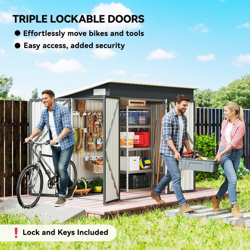 Outsunny 7.5 x 4.3ft Metal Garden Storage Shed, Waterproof Outdoor Shed with Triple Lockable Door, Gloves, Vents, Dark Grey - SGP Garden Ltd