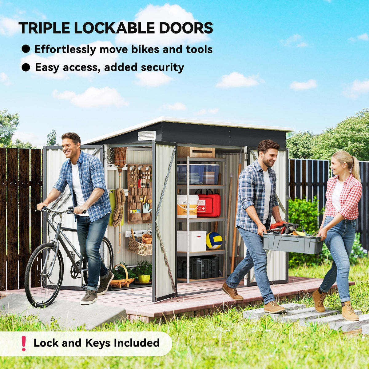 Outsunny 7.5 x 4.3ft Metal Garden Storage Shed, Waterproof Outdoor Shed with Triple Lockable Door, Gloves, Vents, Dark Grey - SGP Garden Ltd