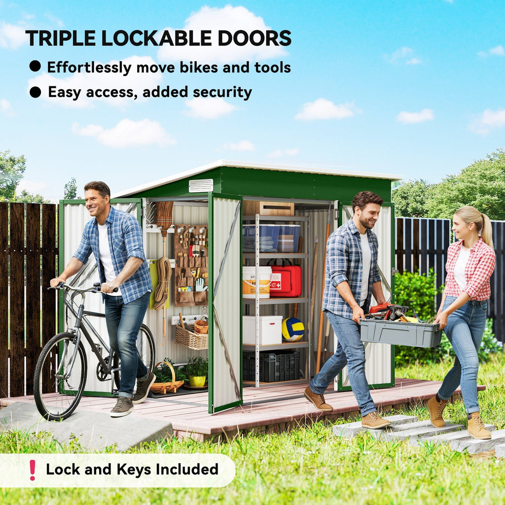 Outsunny 7.5 x 4.3ft Metal Garden Storage Shed, Waterproof Outdoor Shed with Triple Lockable Door, Gloves, Vents, Green - SGP Garden Ltd