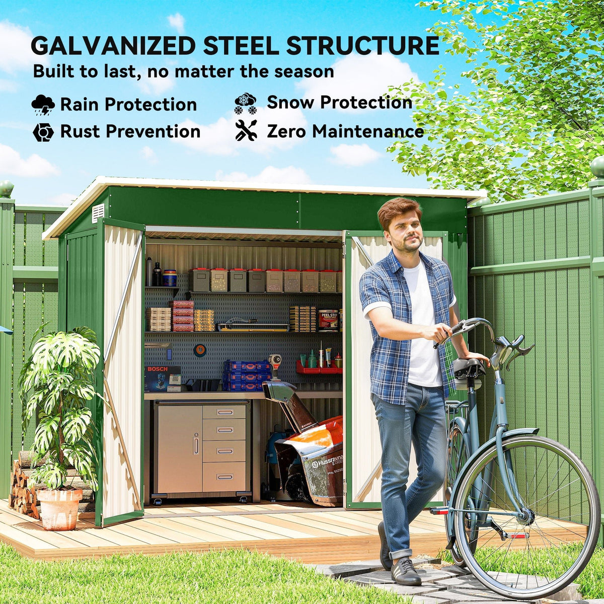 Outsunny 7.5 x 4.3ft Metal Garden Storage Shed, Waterproof Outdoor Shed with Triple Lockable Door, Gloves, Vents, Green - SGP Garden Ltd