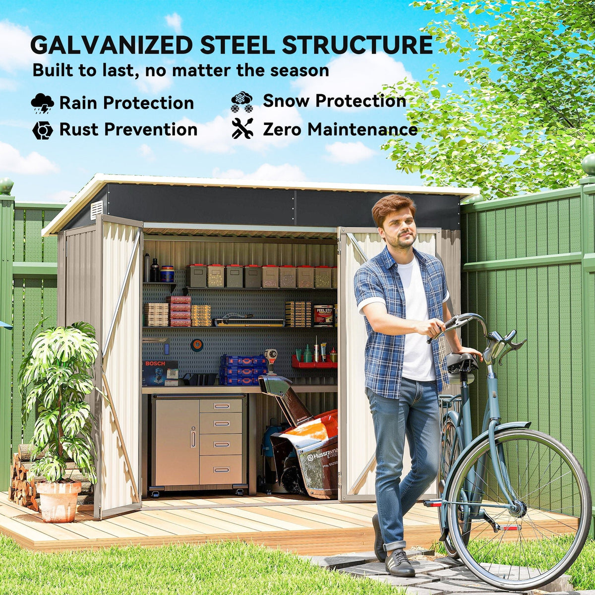 Outsunny 7.5 x 4.3ft Metal Garden Storage Shed, Waterproof Outdoor Shed with Triple Lockable Door, Gloves, Vents, Light Grey - SGP Garden Ltd
