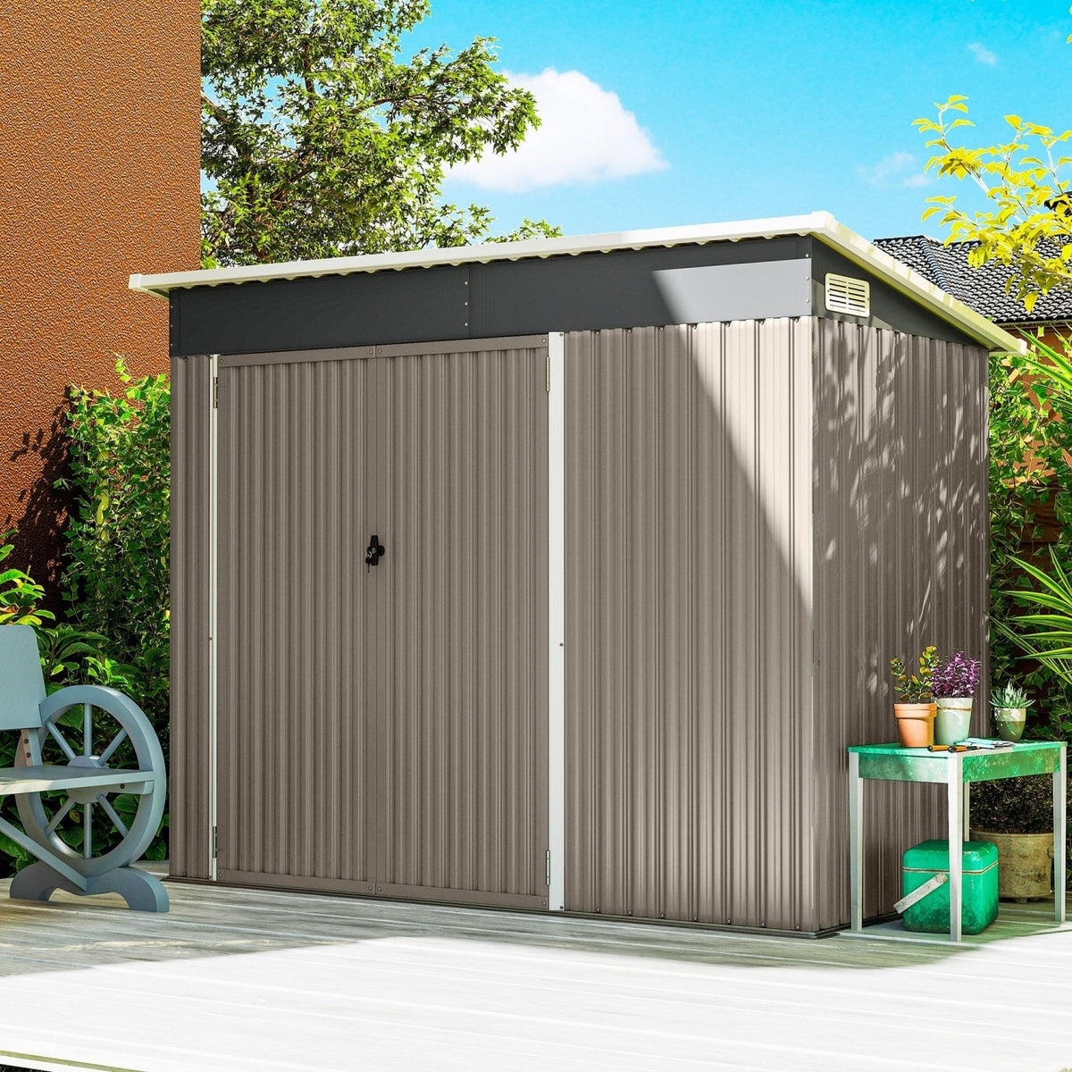Outsunny 7.5 x 4.3ft Metal Garden Storage Shed, Waterproof Outdoor Shed with Triple Lockable Door, Gloves, Vents, Light Grey - SGP Garden Ltd