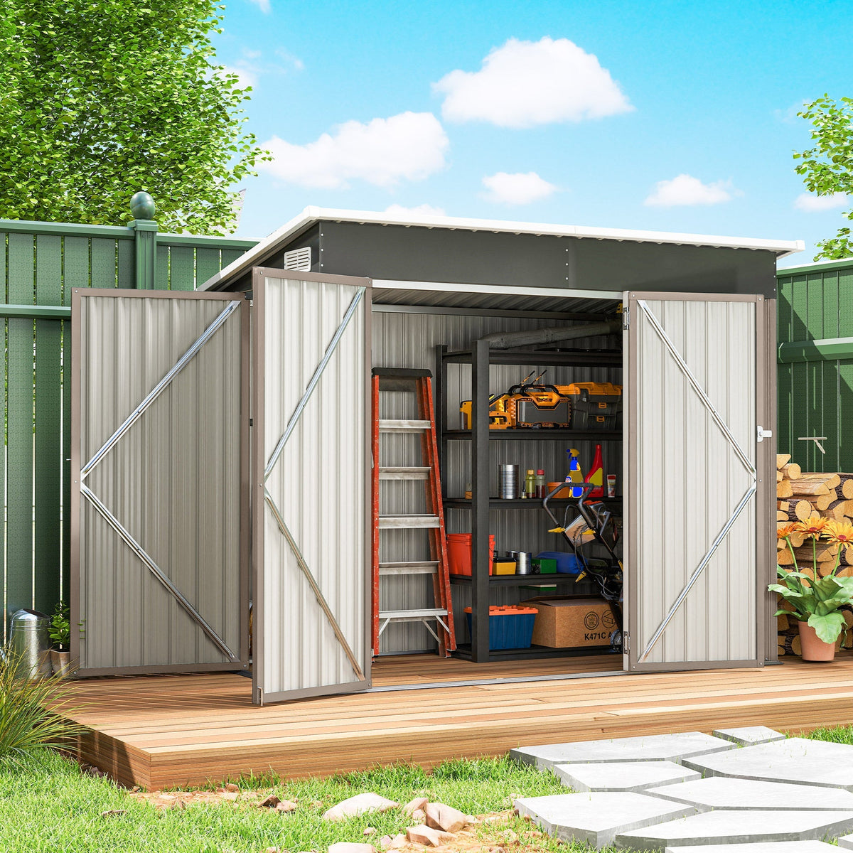Outsunny 7.5 x 4.3ft Metal Garden Storage Shed, Waterproof Outdoor Shed with Triple Lockable Door, Gloves, Vents, Light Grey - SGP Garden Ltd