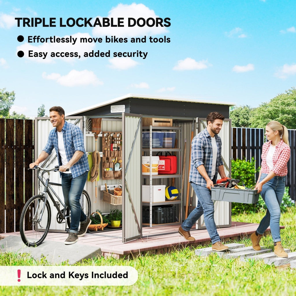 Outsunny 7.5 x 4.3ft Metal Garden Storage Shed, Waterproof Outdoor Shed with Triple Lockable Door, Gloves, Vents, Light Grey - SGP Garden Ltd