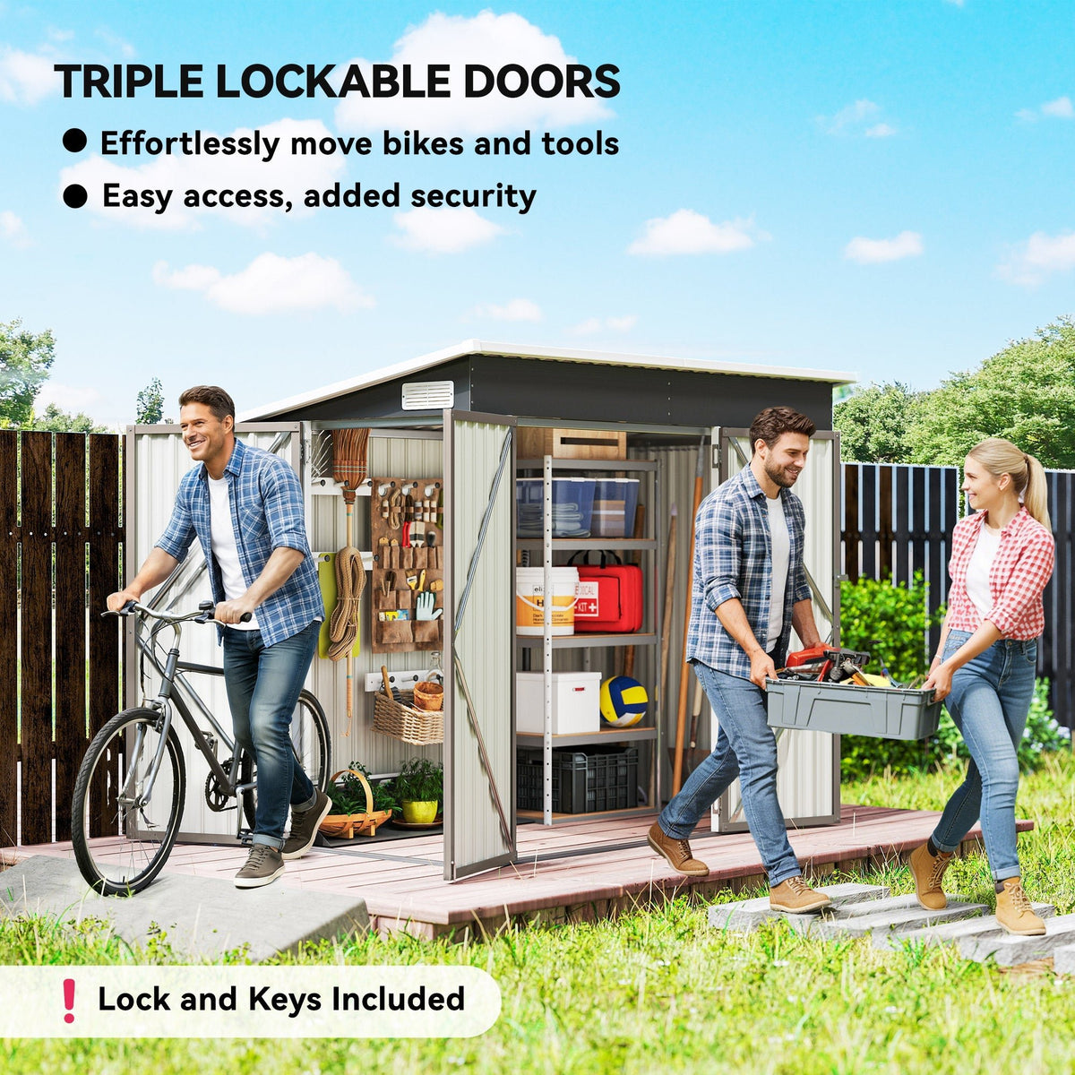 Outsunny 7.5 x 4.3ft Metal Garden Storage Shed, Waterproof Outdoor Shed with Triple Lockable Door, Gloves, Vents, Light Grey - SGP Garden Ltd