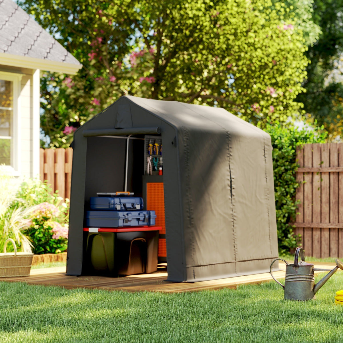 Outsunny 7.5 x 6.2 ft Outdoor Garden Storage Shed, Waterproof Bike Tent with Roll-Up Zipper Door and Vent, Dark Grey - SGP Garden Ltd