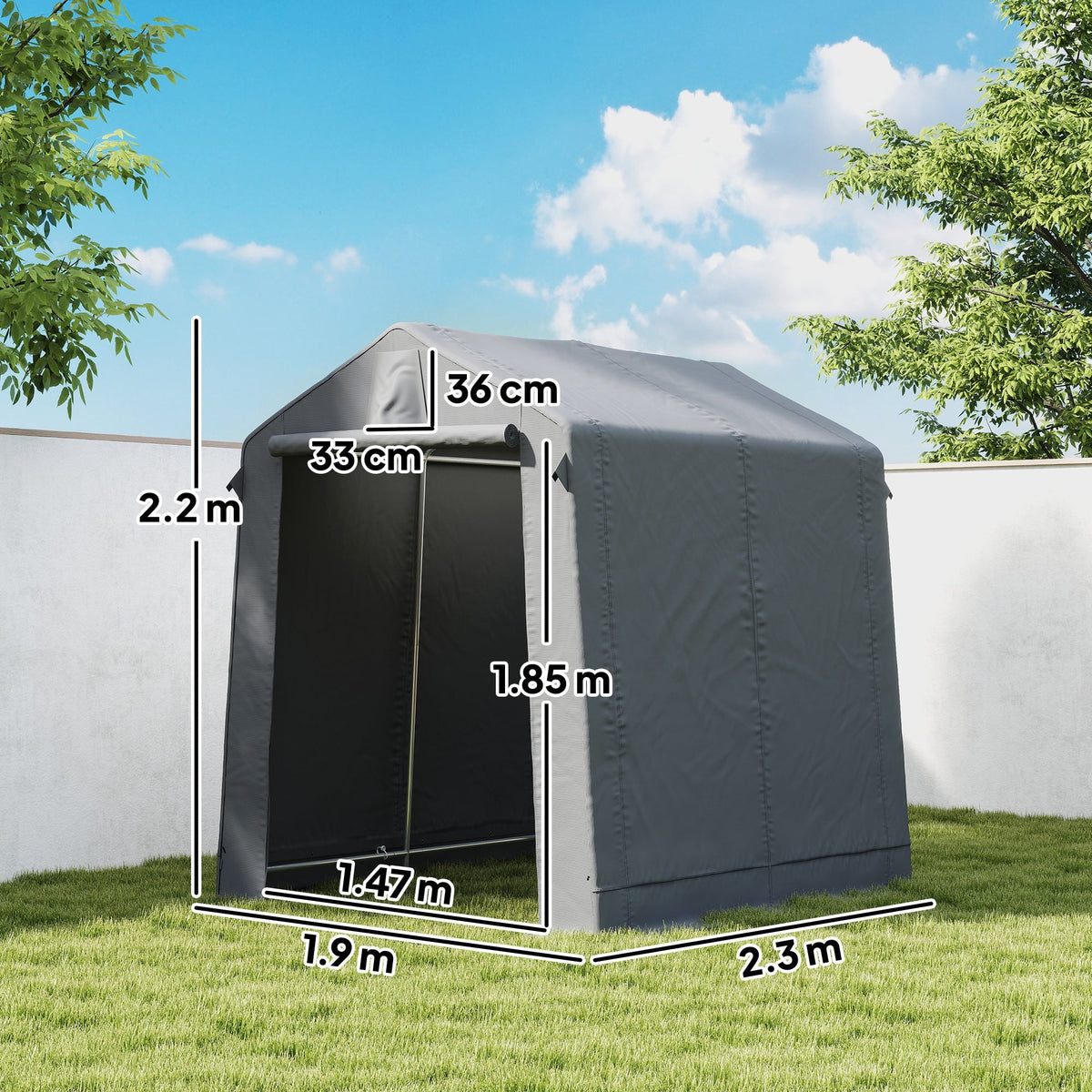 Outsunny 7.5 x 6.2 ft Outdoor Garden Storage Shed, Waterproof Bike Tent with Roll-Up Zipper Door and Vent, Dark Grey - SGP Garden Ltd