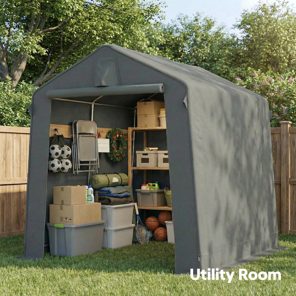 Outsunny 7.5 x 6.2 ft Outdoor Garden Storage Shed, Waterproof Bike Tent with Roll-Up Zipper Door and Vent, Dark Grey - SGP Garden Ltd