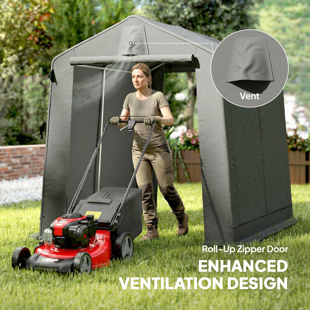 Outsunny 7.5 x 6.2 ft Outdoor Garden Storage Shed, Waterproof Bike Tent with Roll-Up Zipper Door and Vent, Dark Grey - SGP Garden Ltd