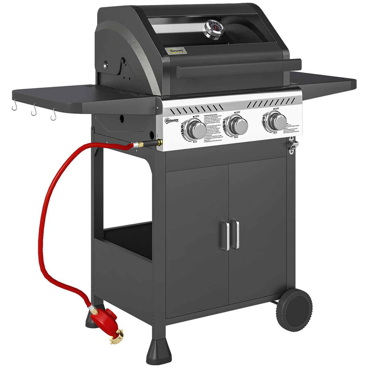 Outsunny 7.5kW Three-Burner Gas BBQ Grill, with See-Through Lid - Black - SGP Garden Ltd