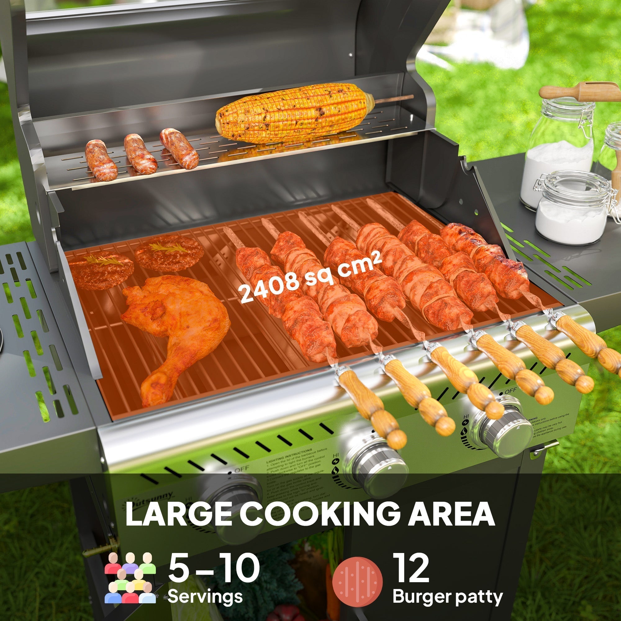 Outsunny 7.5kW Three-Burner Gas BBQ Grill, with See-Through Lid - Black - SGP Garden Ltd