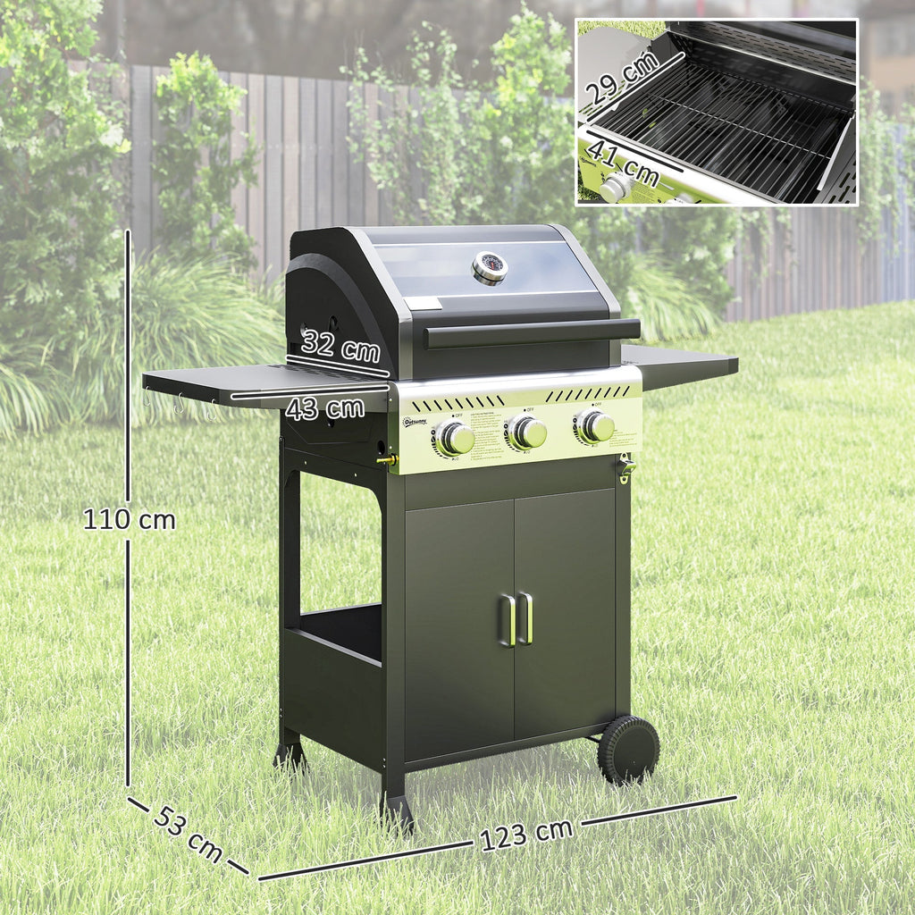 Outsunny 7.5kW Three-Burner Gas BBQ Grill, with See-Through Lid - Black - SGP Garden Ltd
