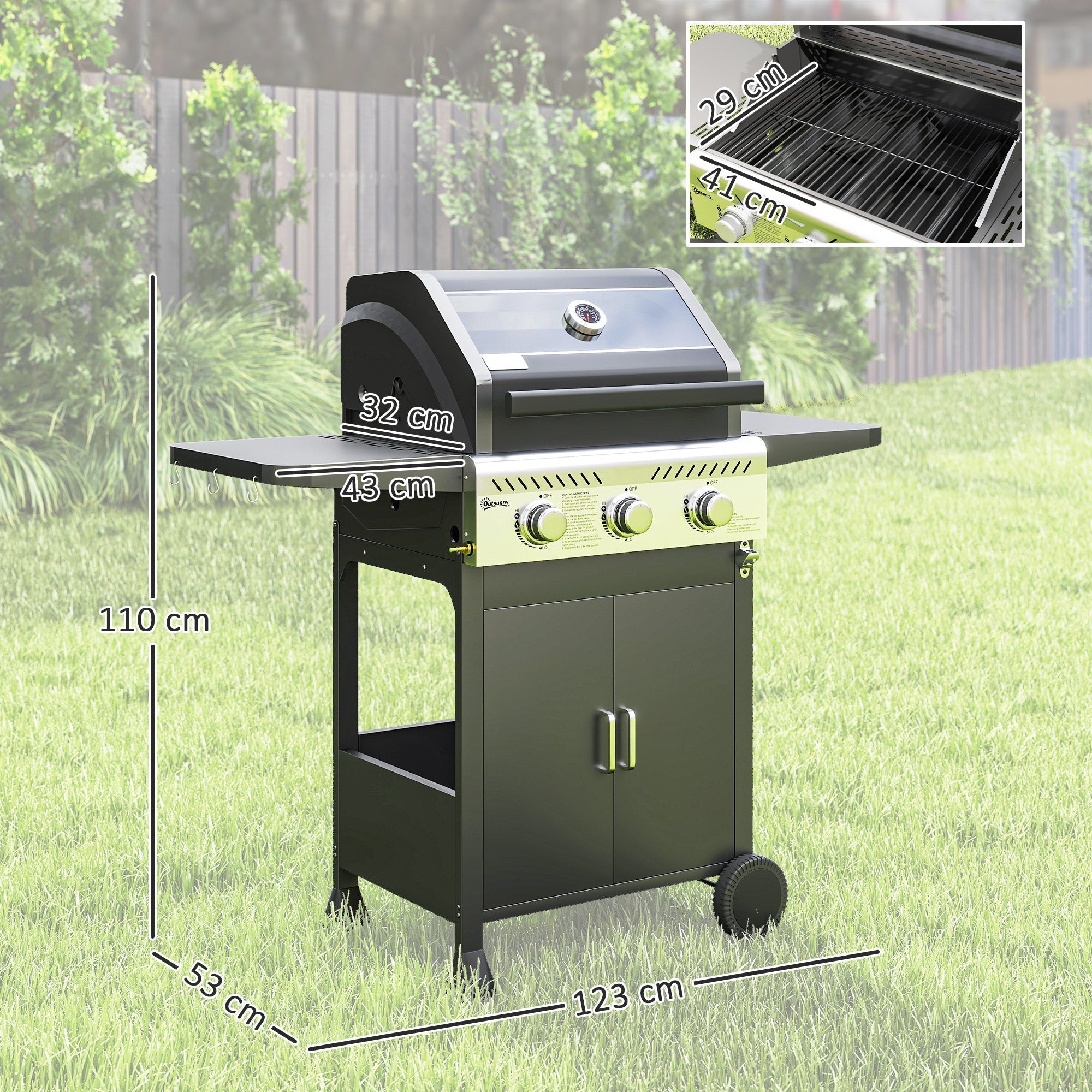 Outsunny 7.5kW Three-Burner Gas BBQ Grill, with See-Through Lid - Black - SGP Garden Ltd