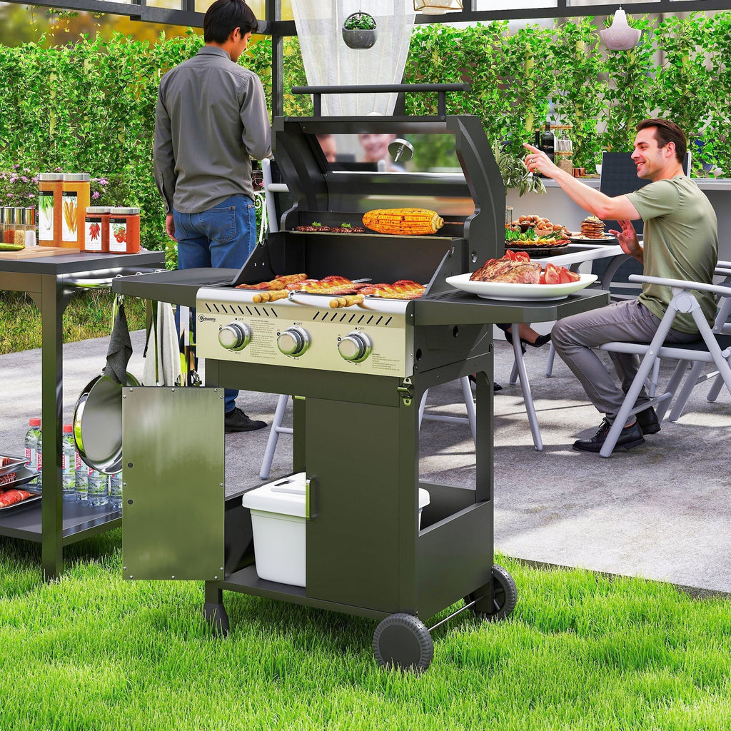 Outsunny 7.5kW Three-Burner Gas BBQ Grill, with See-Through Lid - Black - SGP Garden Ltd