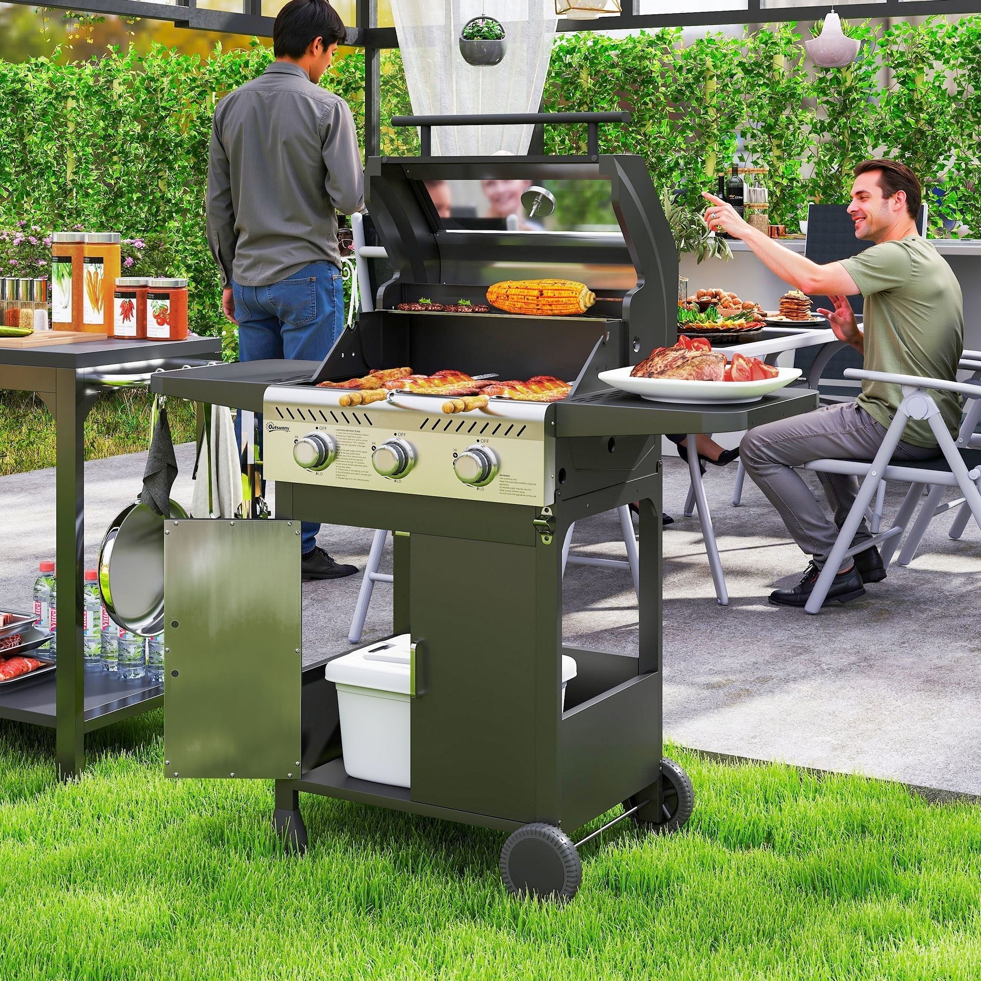 Outsunny 7.5kW Three-Burner Gas BBQ Grill, with See-Through Lid - Black - SGP Garden Ltd