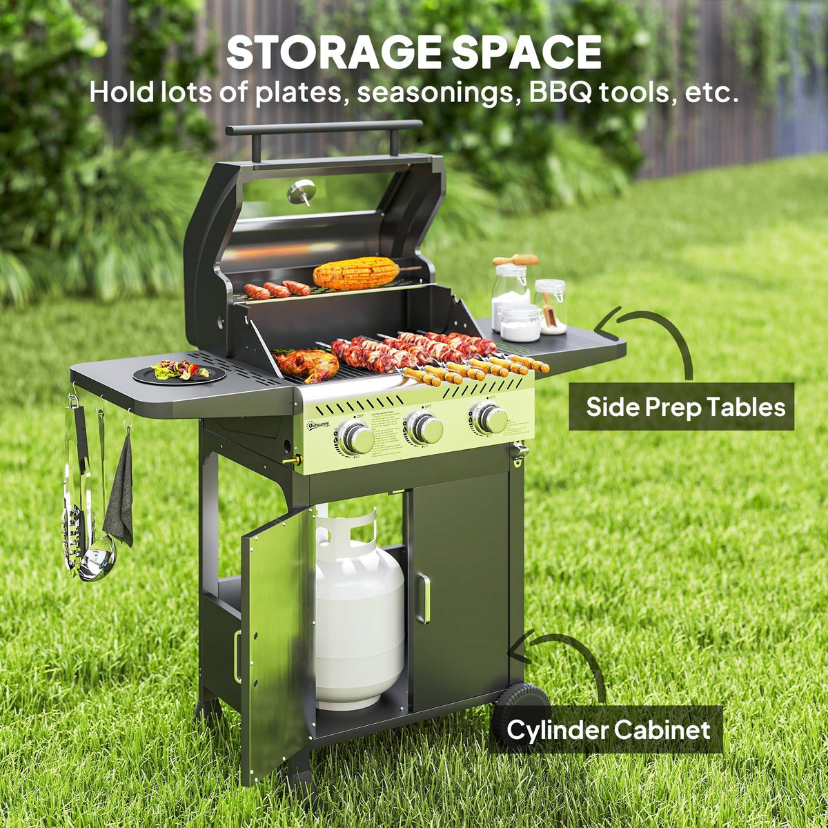 Outsunny 7.5kW Three-Burner Gas BBQ Grill, with See-Through Lid - Black - SGP Garden Ltd