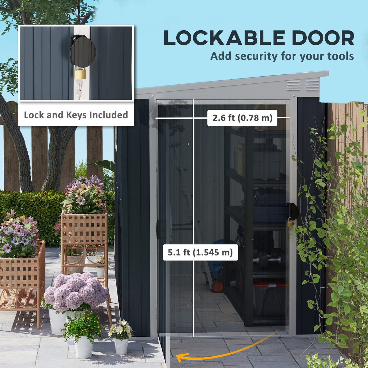 Outsunny 7.6 x 4ft Garden Metal Shed, Outdoor Storage Shed with Window, 2 Vents and Lockable Door for Garden, Patio, Dark Grey - SGP Garden Ltd