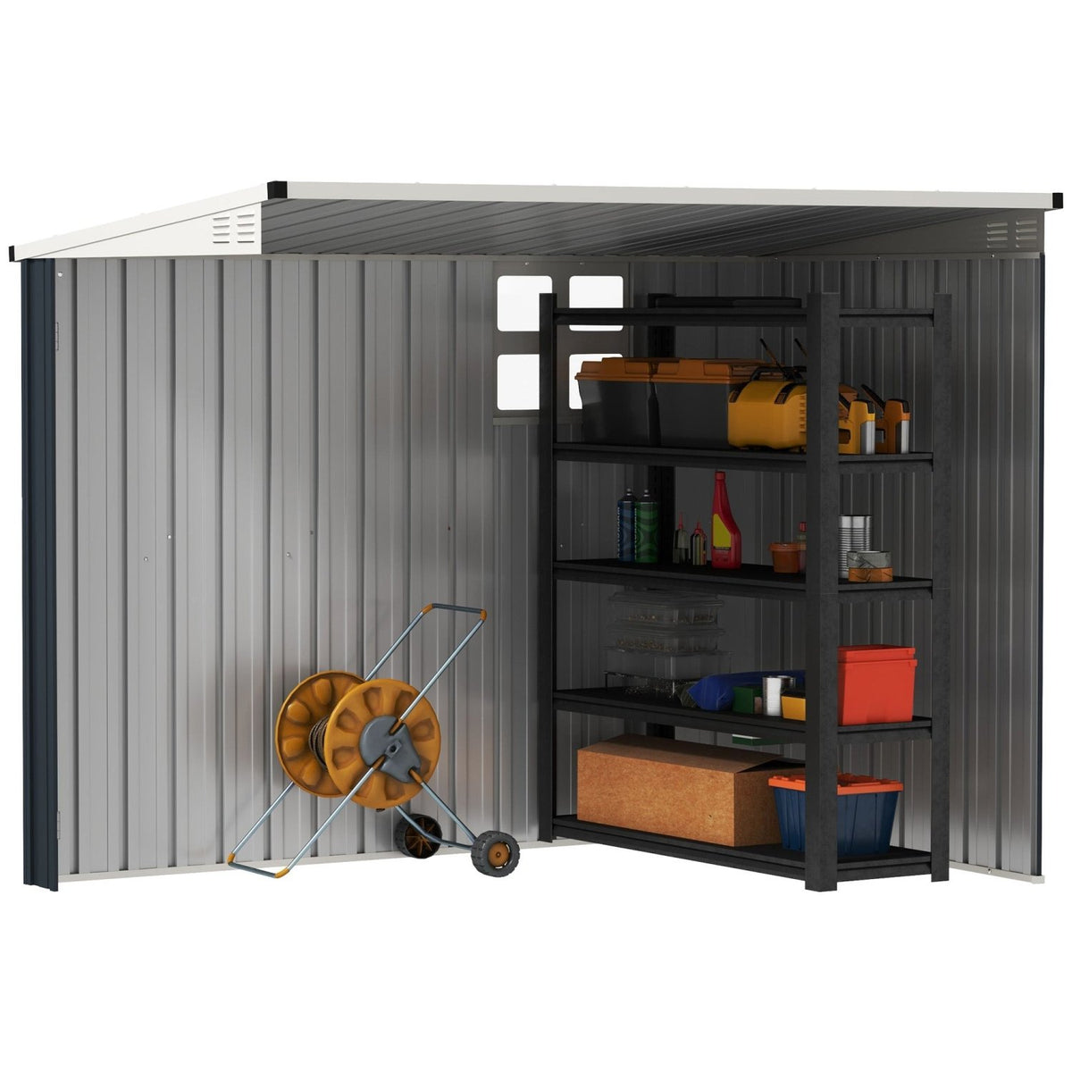 Outsunny 7.6 x 4ft Garden Metal Shed, Outdoor Storage Shed with Window, 2 Vents and Lockable Door for Garden, Patio, Dark Grey - SGP Garden Ltd
