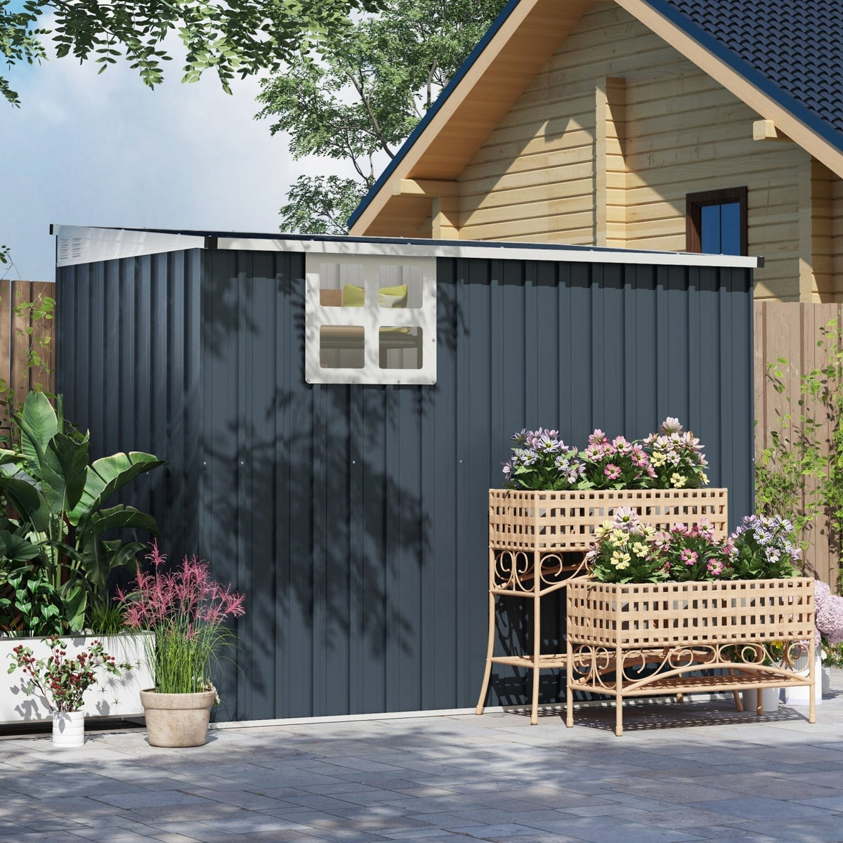 Outsunny 7.6 x 4ft Garden Metal Shed, Outdoor Storage Shed with Window, 2 Vents and Lockable Door for Garden, Patio, Dark Grey - SGP Garden Ltd
