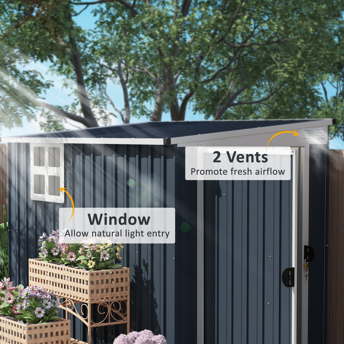 Outsunny 7.6 x 4ft Garden Metal Shed, Outdoor Storage Shed with Window, 2 Vents and Lockable Door for Garden, Patio, Dark Grey - SGP Garden Ltd